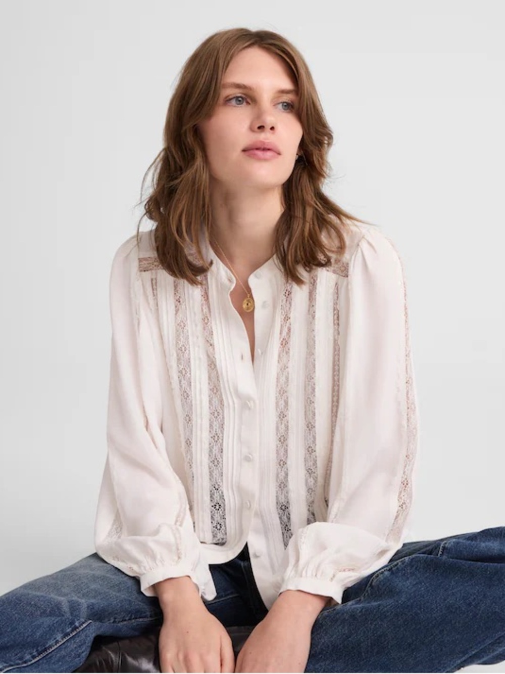Madewell women’s Lace-Insert Button-Up Long-Sleeve Top white Size S NWT